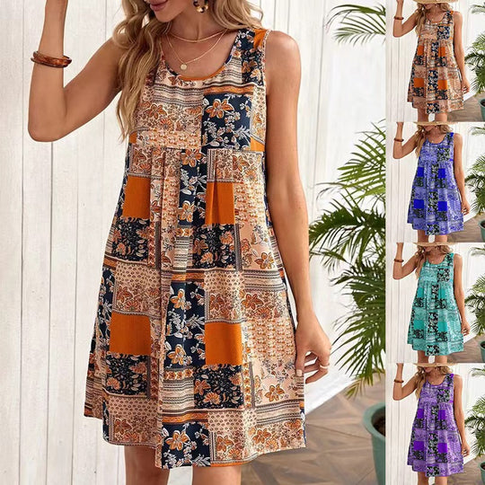 Damen Freizeitleinenkleid mit buntem Patchwork-Design R&B