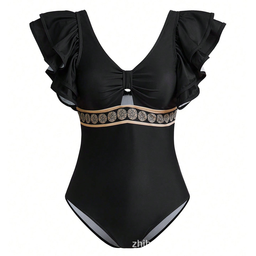 Damen Badeanzug mit eleganten Rüschendetails und passendem Saumrock R&B