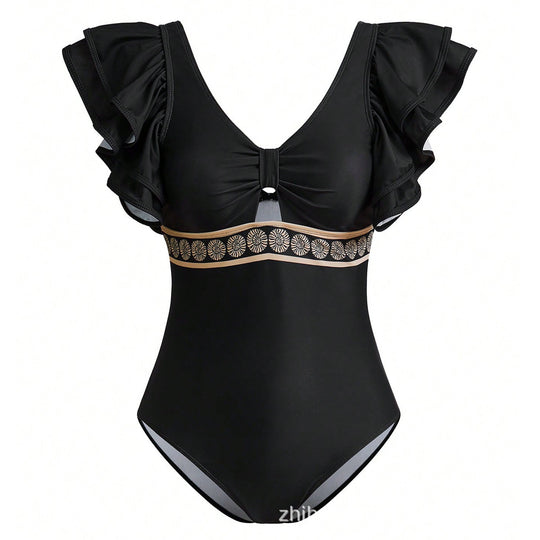 Damen Badeanzug mit eleganten Rüschendetails und passendem Saumrock R&B