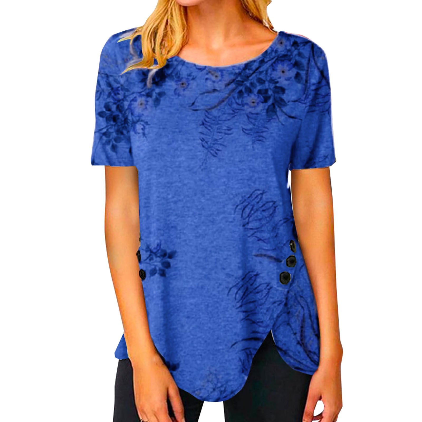 Damen lässiges T-Shirt mit dekorativem Floraldesign und asymmetrischem Saum R&B