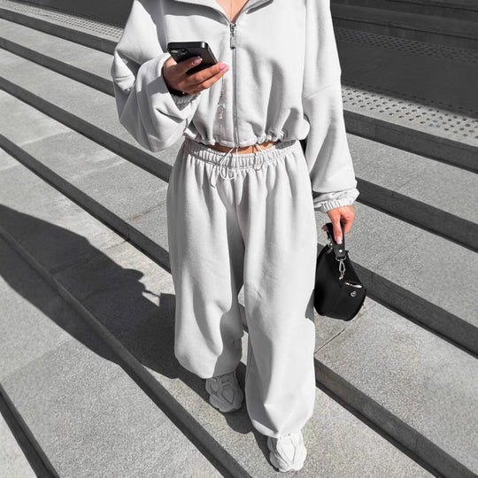 Damen lässiges Fleece-Loungewear-Set mit Kapuze und elastischem Bund R&B