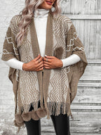 R&B | Cape Schal Cardigan Wolle Strick Übergröße Fransen Saum V-Ausschnitt Boho Stil