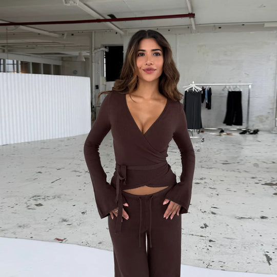 Damen lockerer Jumpsuit mit Wickeldesign und langen Ärmeln R&B