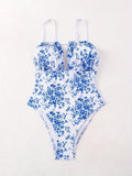 Damen Einteiliger Badeanzug mit floralem Design und tiefem V-Ausschnitt R&B