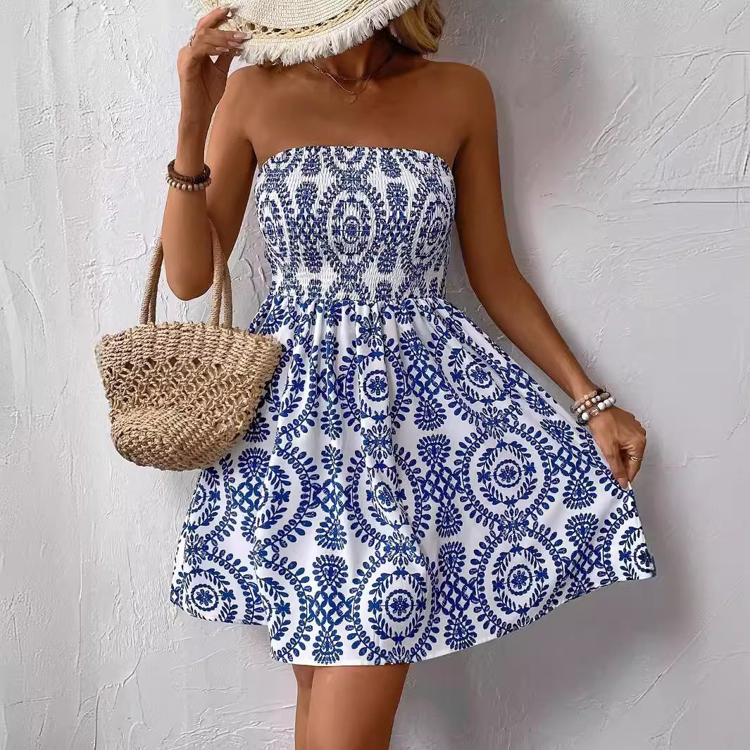 Damen nan schulterfreies Sommerkleid mit Smokoberteil und ausgestelltem Tellerrock R&B