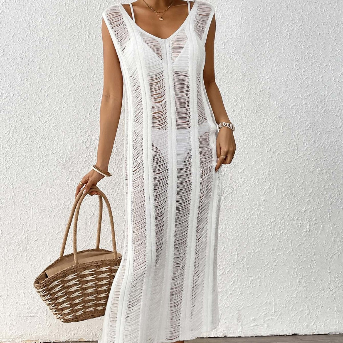 Damen luftiger Strandüberwurf mit eleganten Fransen R&B