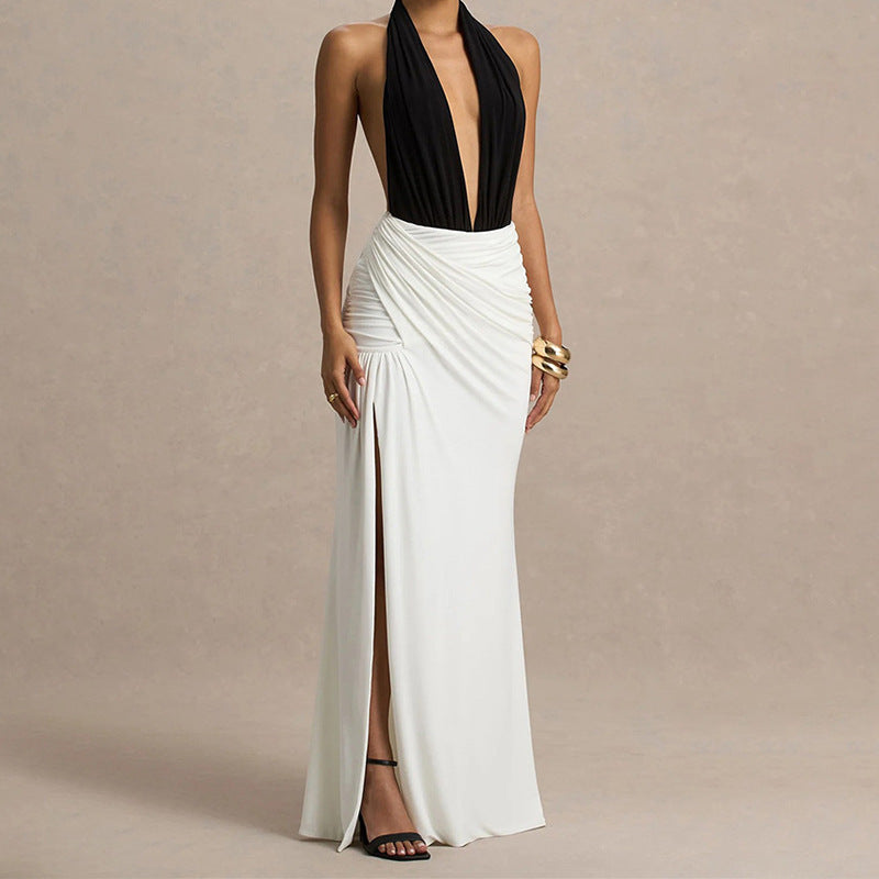 Damen Elegantes Maxikleid mit tiefem V-Ausschnitt und gerafftem Rock R&B
