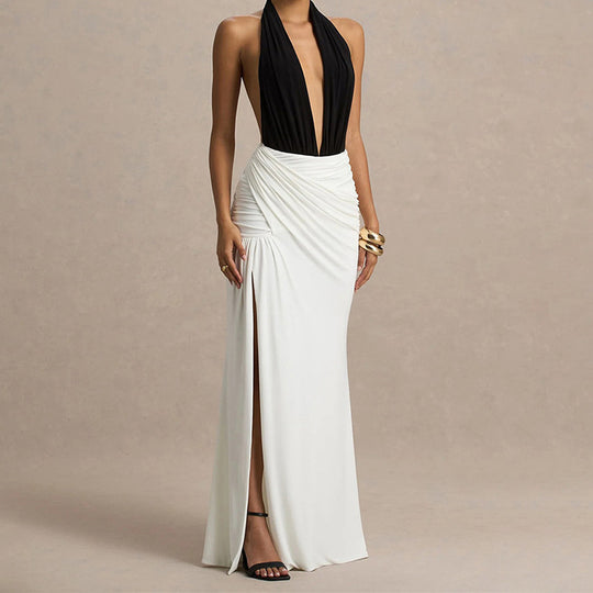Damen Elegantes Maxikleid mit tiefem V-Ausschnitt und gerafftem Rock R&B