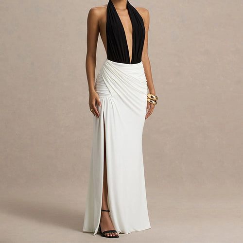 Damen Elegantes Maxikleid mit tiefem V-Ausschnitt und gerafftem Rock R&B