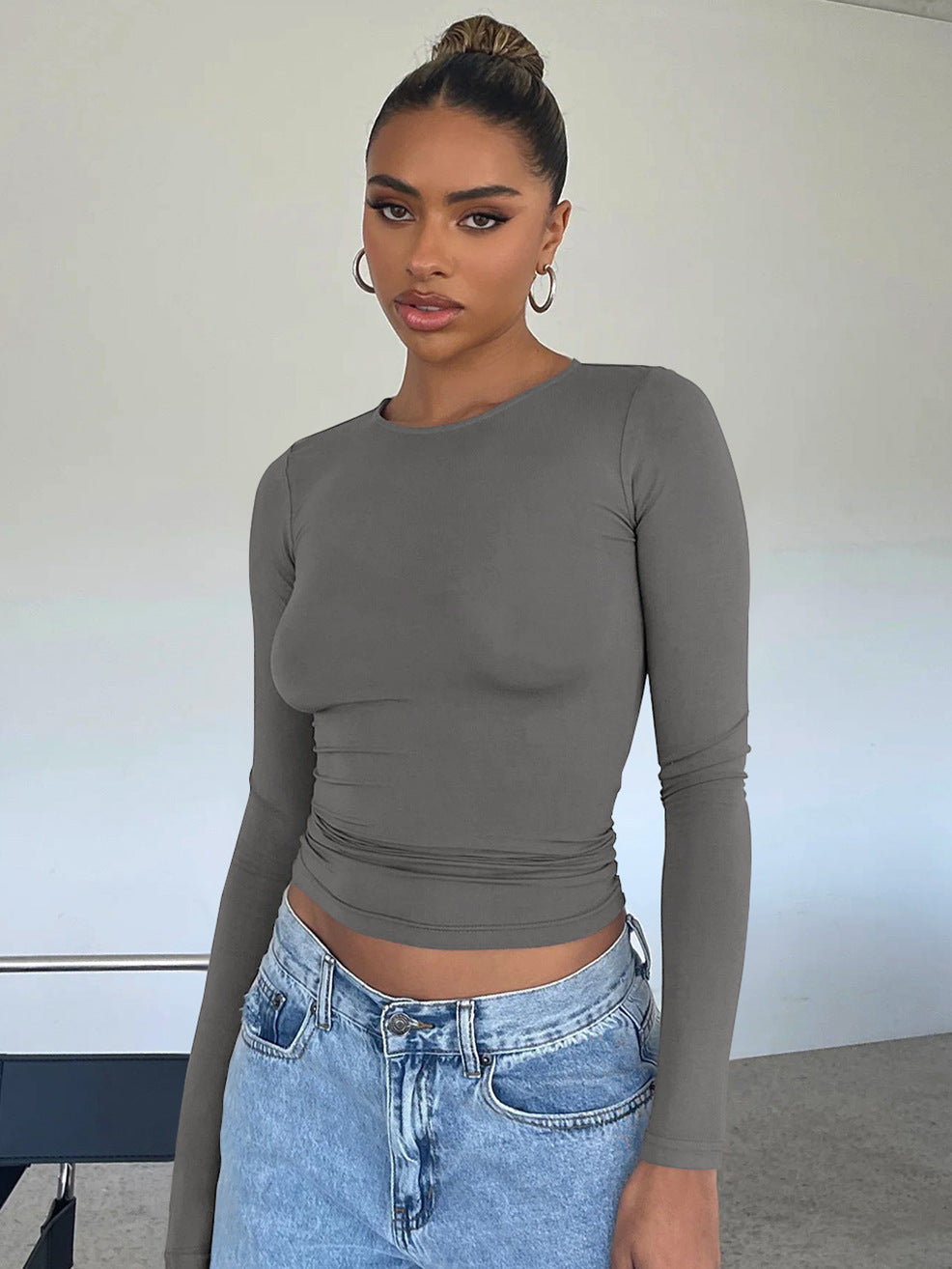 Damen Longsleeve-Oberteil mit figurbetontem Schnitt und Raffung R&B