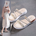 Damen modische Riemchen-Sandalen mit Perlenschmuck und gepolsterter Sohle