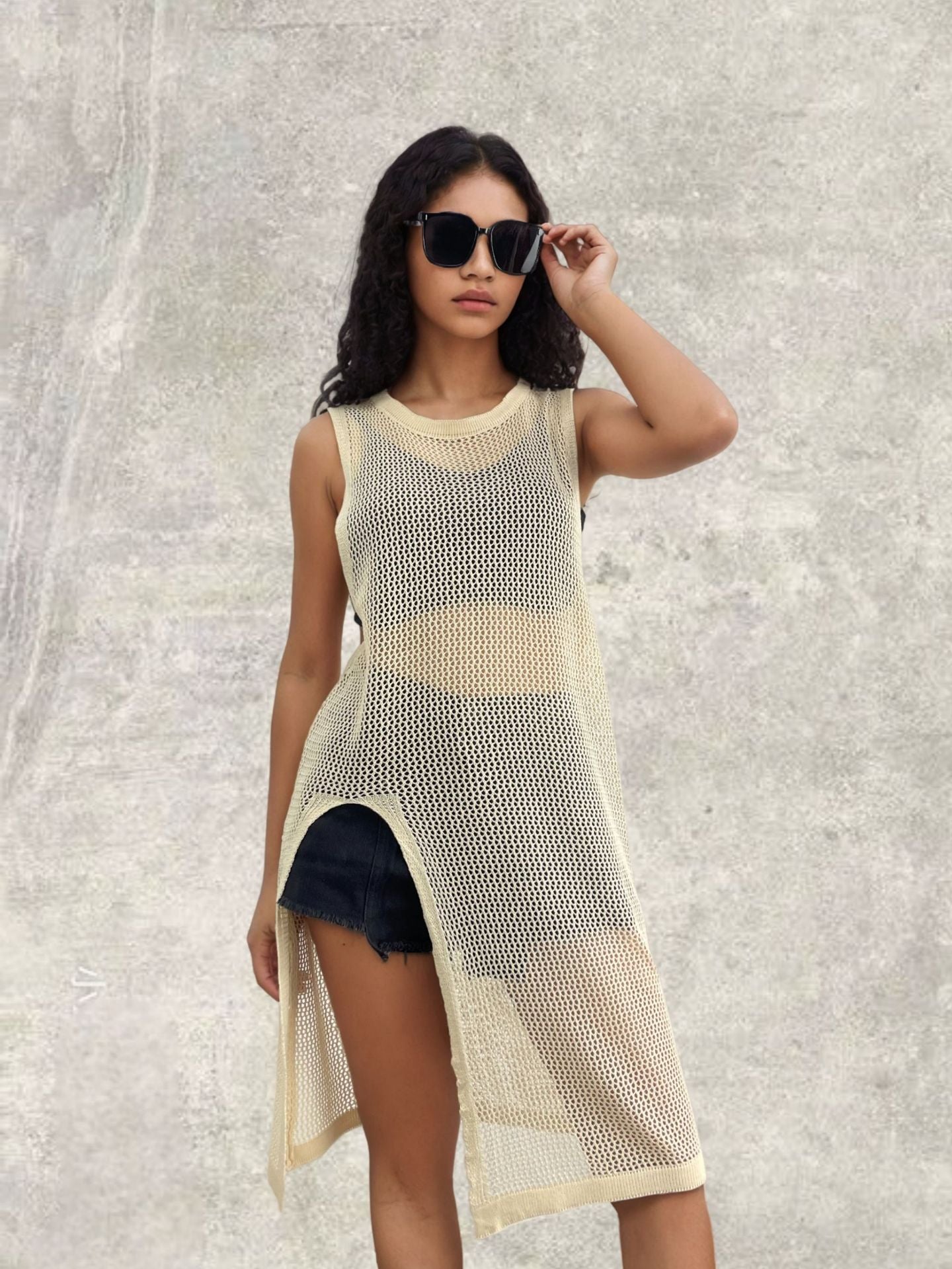 Damen Netz-Kleid mit seitlichen Schlitzen und lässigem Schnitt R&B