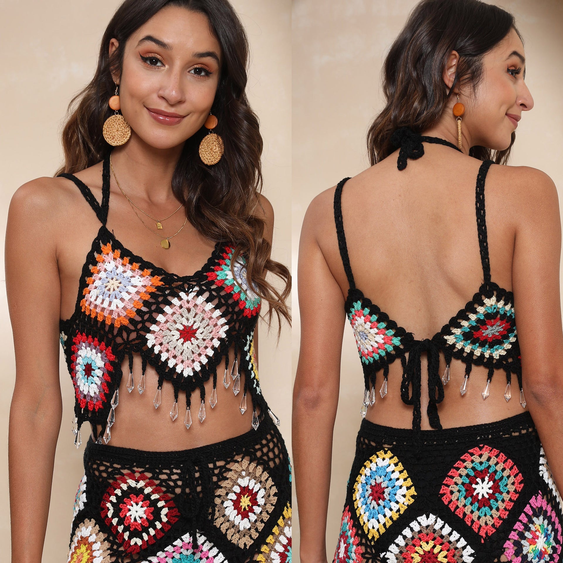 Damen gehäkeltes Crop-Top mit bunten Granny-Quadraten und Glitzerakzenten R&B
