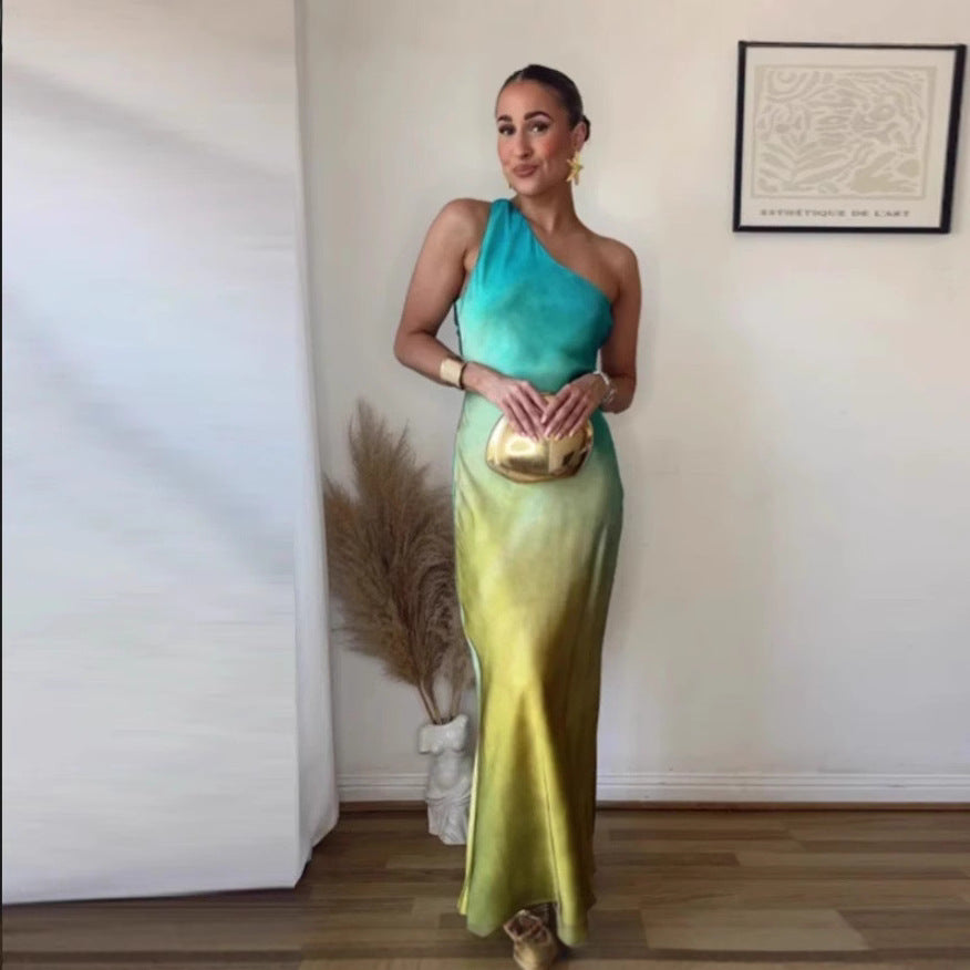 Damen Elegantes asymmetrisches Maxikleid mit sanften Farbverlauf und bequemem Tragekomfort R&B
