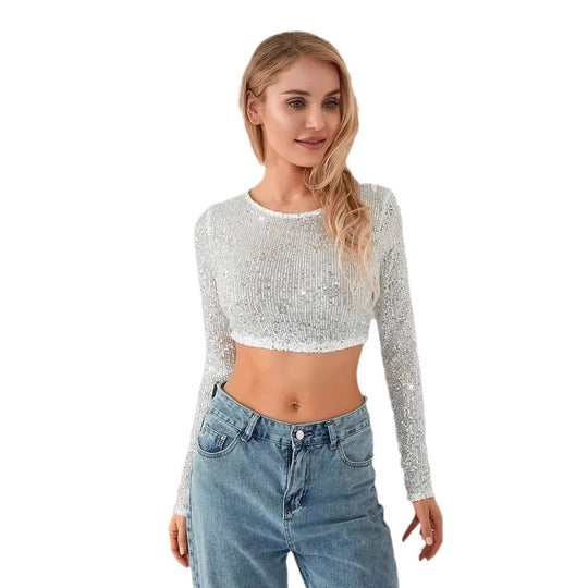Damen Glitzerndes Crop-Top mit langen Ärmeln und figurbetontem Schnitt R&B