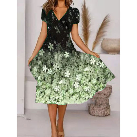 Damen A-Linie Sommerkleid mit V-Ausschnitt und floralen Akzenten R&B