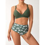 Damen Bikini-Set mit hohem Bund und modischem Palmendruck R&B