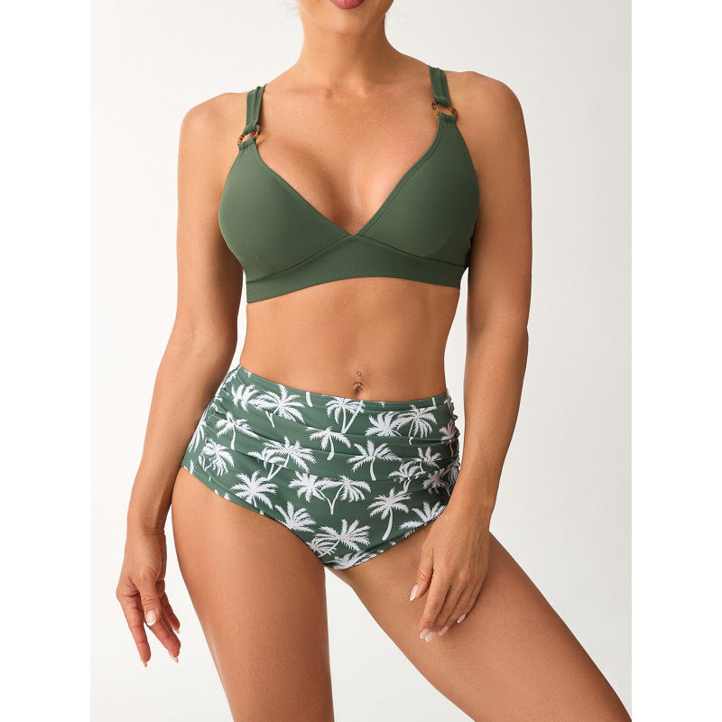 Damen Bikini-Set mit hohem Bund und modischem Palmendruck R&B