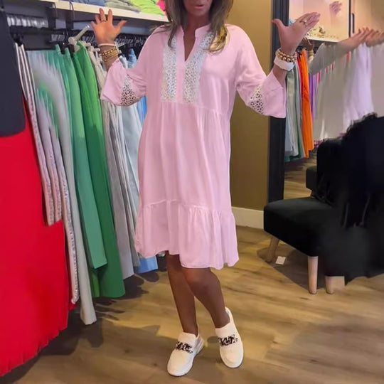 Damen nan lockeres Babydoll-Tunikakleid mit Spitzenpasse, V-Ausschnitt, Stehkragen und Stufenvolant R&B