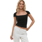 Damen Figurbetontes Kurzarmshirt mit quadratischem Ausschnitt und elastischem Material R&B