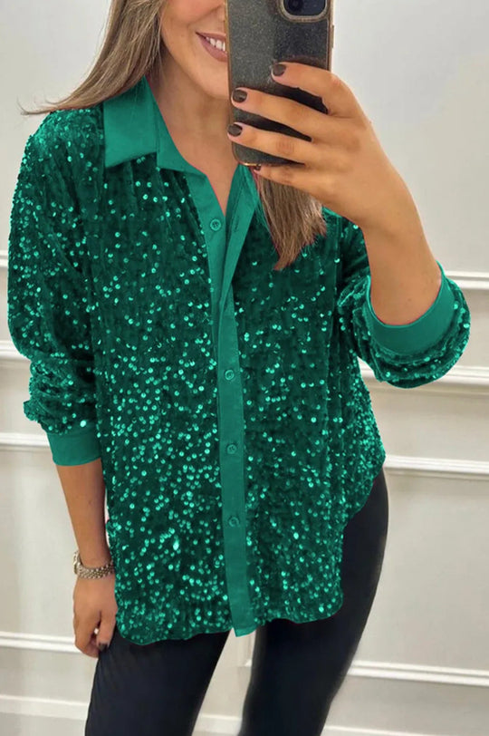 Damen nan glitzernde Pailletten-Hemdbluse mit Kragen, Knopfleiste und elastischen Manschetten R&B