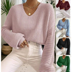 Damen lässiger Strickpullover mit V-Ausschnitt und weit geschnittenen Ärmeln