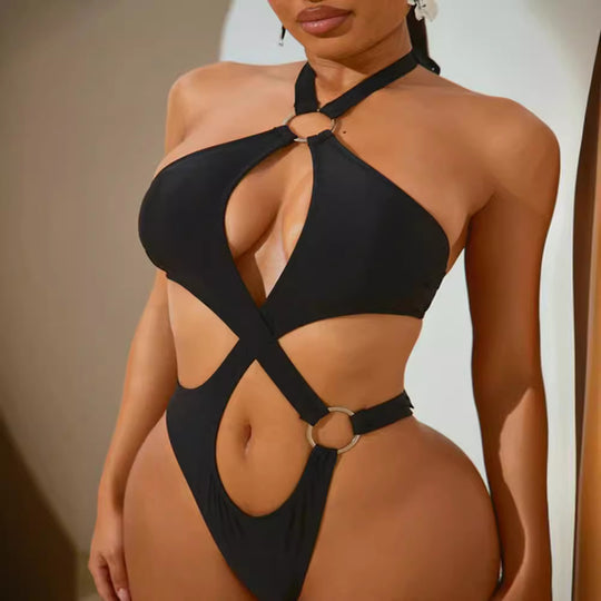Damen Designer-Bikini mit asymmetrischem Schnitt und Ringdetails R&B