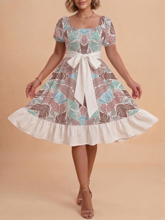 Damen elegantes Maxikleid mit floralem Design und Taillengürtel R&B