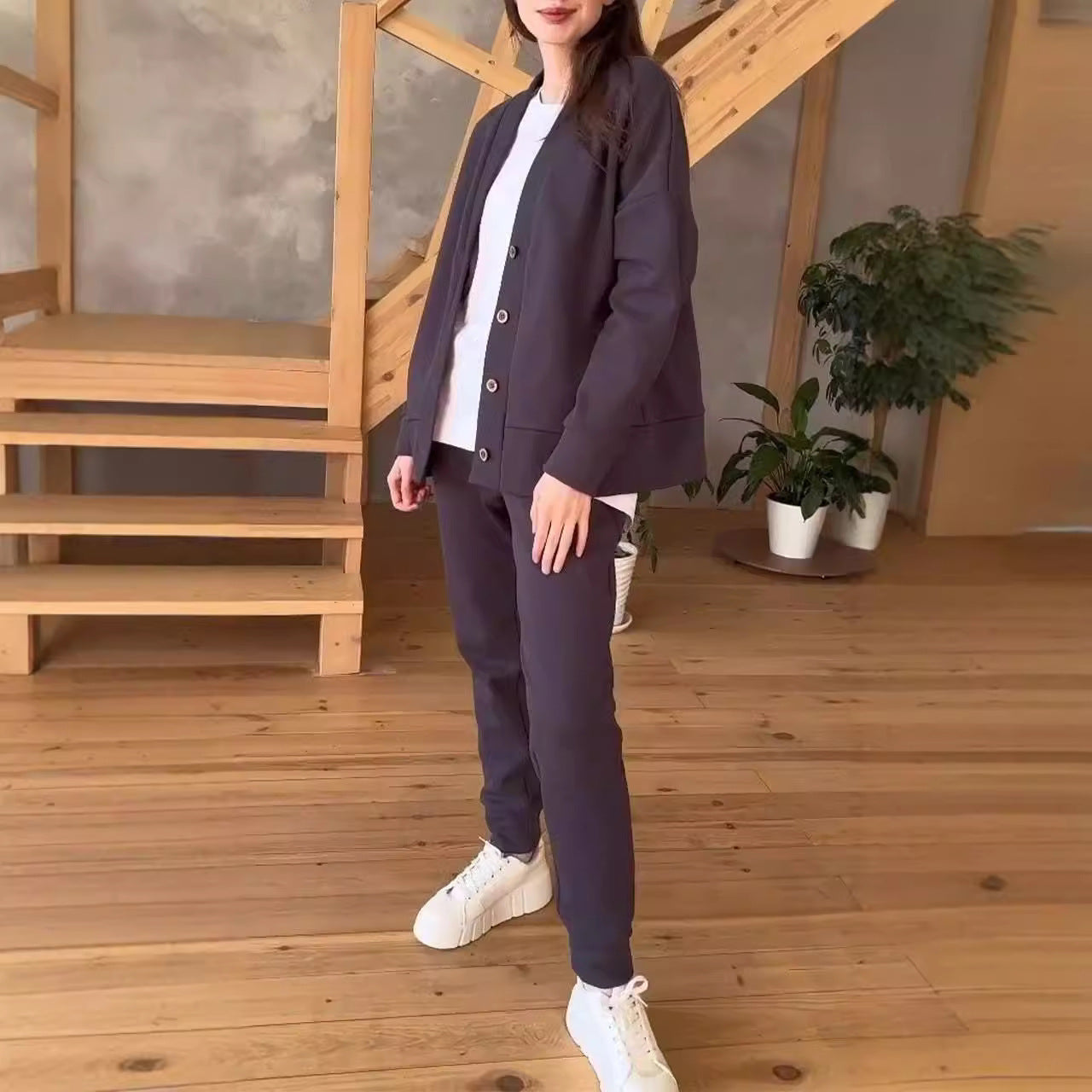 Damen lässige Oversized Sweatjacke mit Knöpfen R&B
