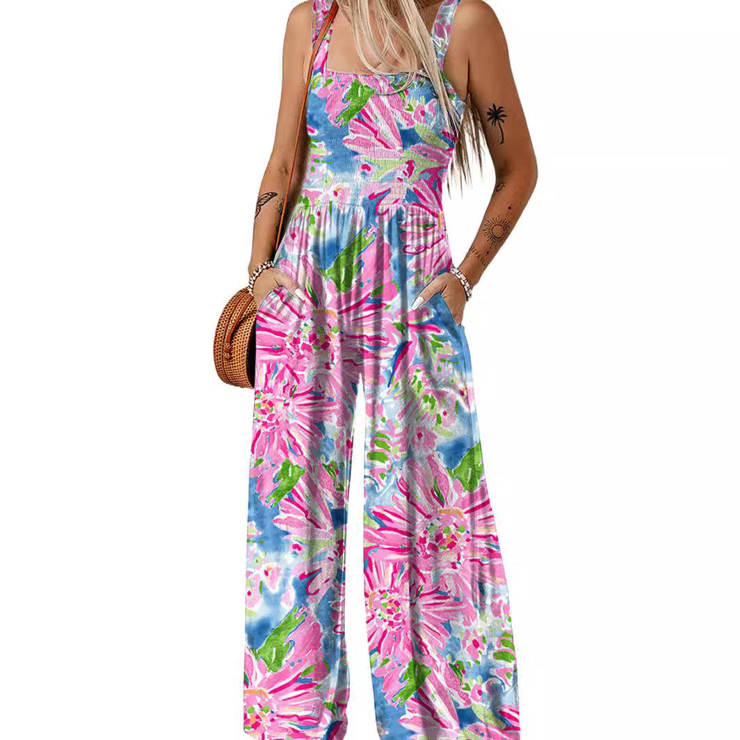 Damen luftiger Blumendruck Jumpsuit im Maxiformat mit praktischen Taschen R&B