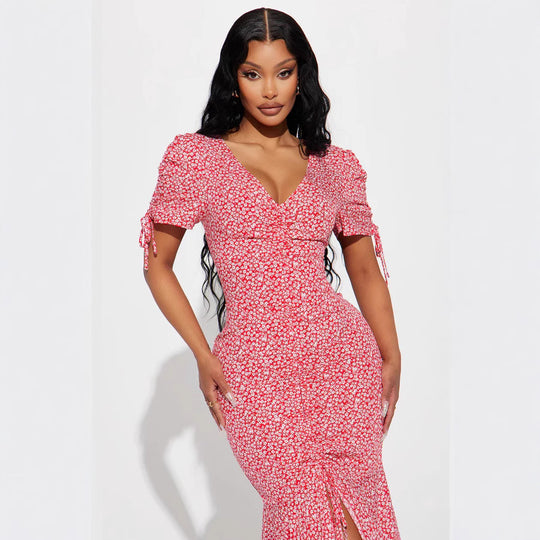 Damen Midi-Kleid mit floralen Mustern und luftigen Rüschendetails R&B