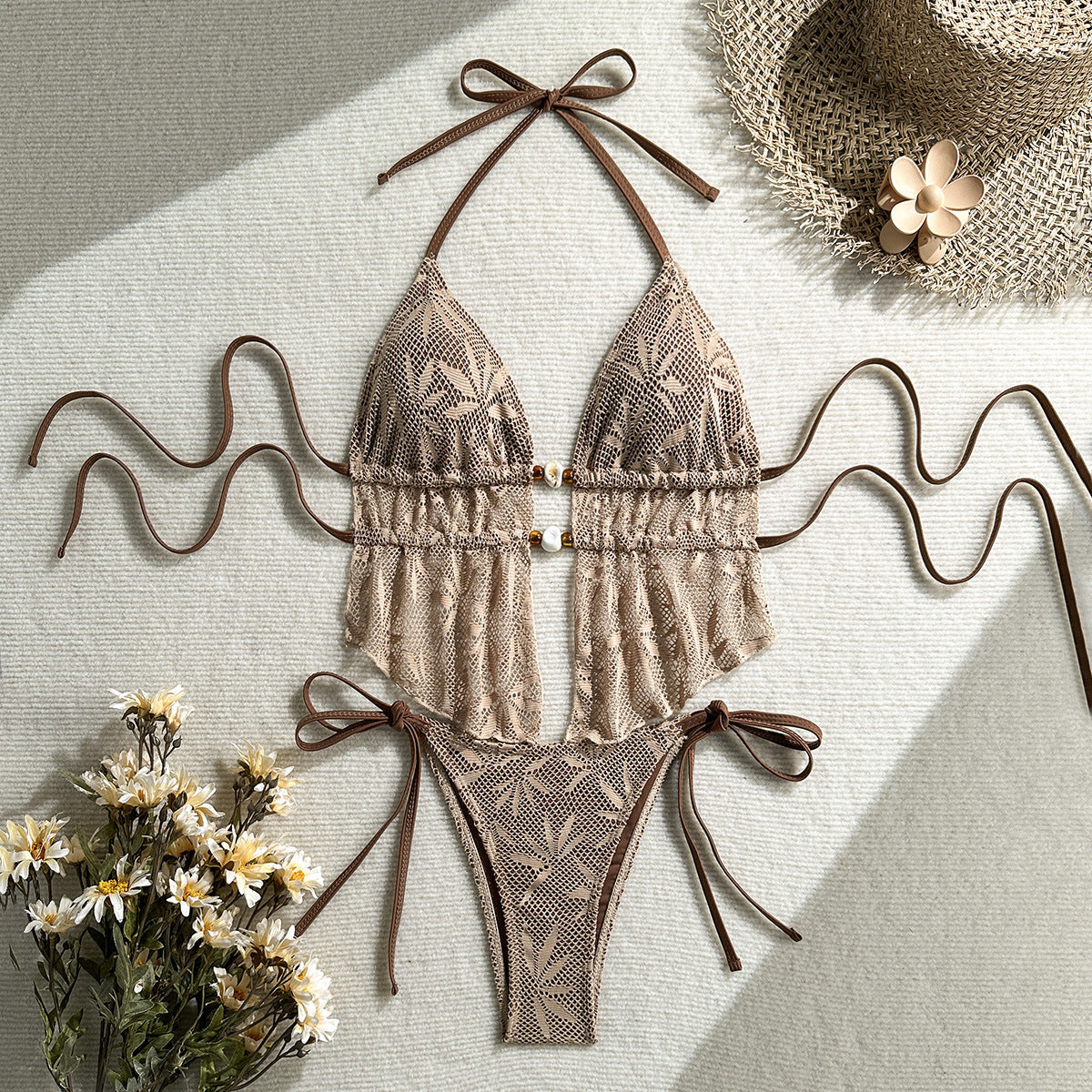 Damen Häkel-Bikini mit Rüschen und eleganter Schnürung R&B