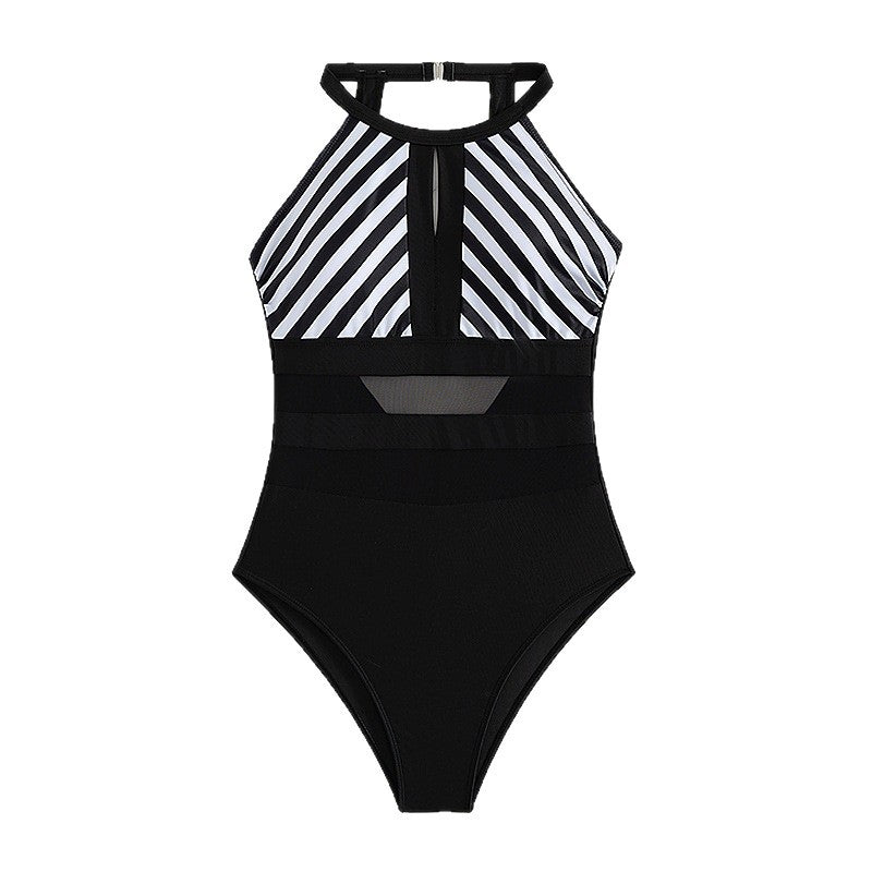 Damen Sportlicher Einteiler Badeanzug mit Netzdetails R&B