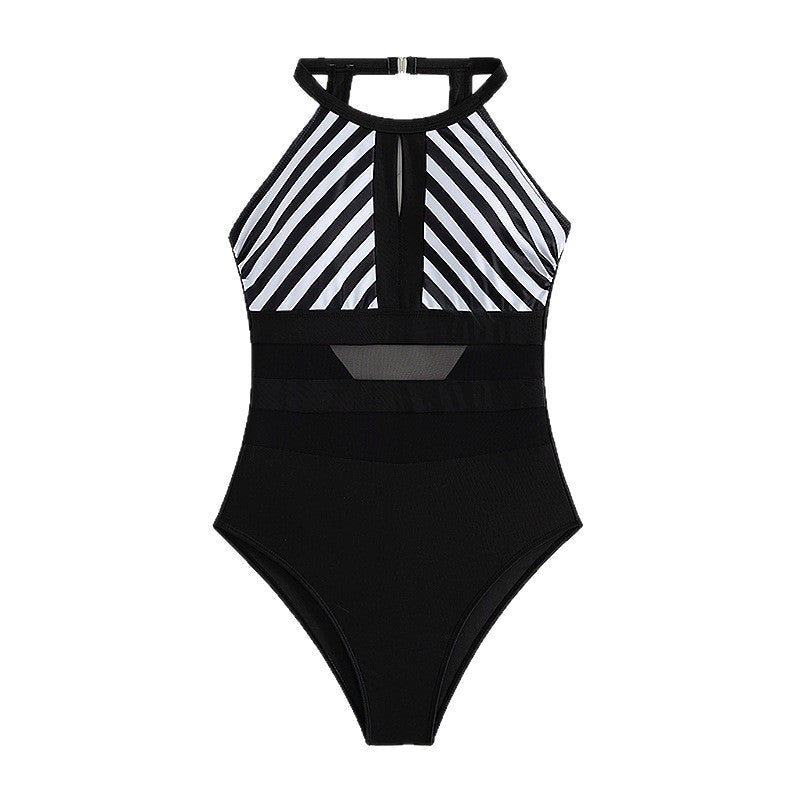 Damen Sportlicher Einteiler Badeanzug mit Netzdetails R&B