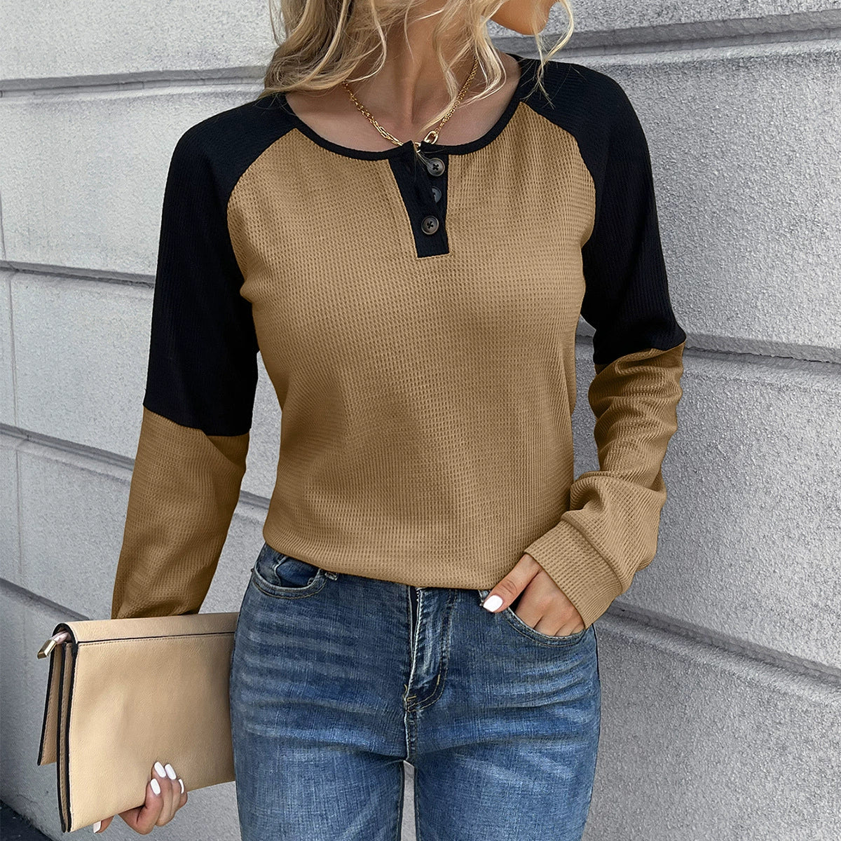 R&B | Langarm T-Shirt Waffelstrick Knopfverschluss Raglanärmel Lockere Passform