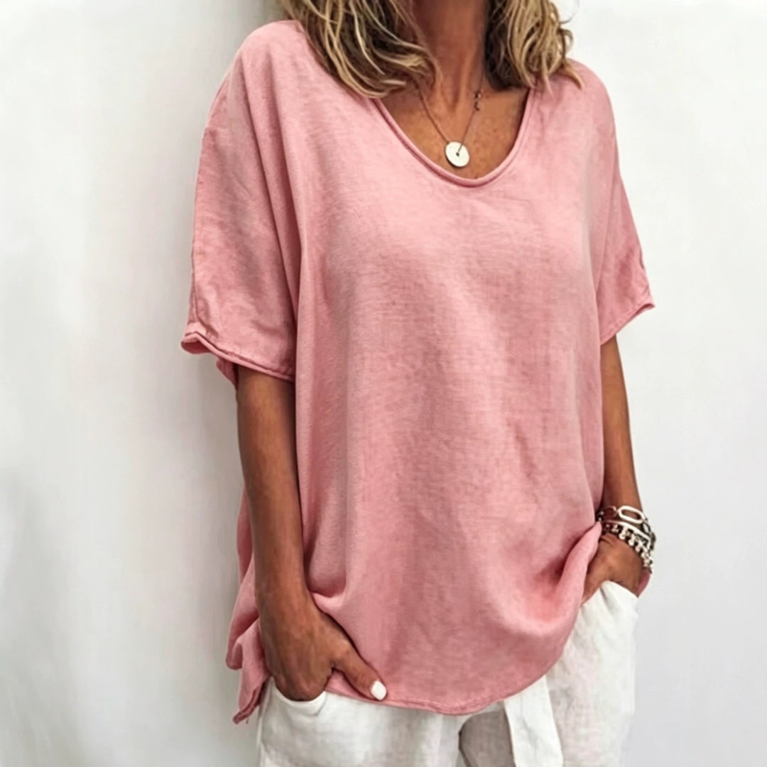 Damen nan weit geschnittenes Leinenmix-Relaxshirt mit Rundhalsausschnitt, überschnittenen Ärmeln und seitlichen Schlitzen R&B