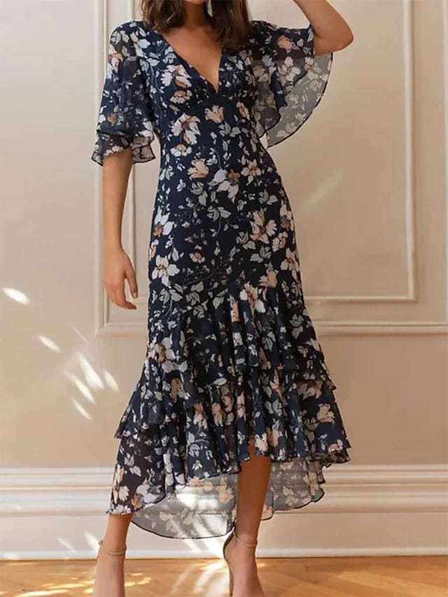 Damen Maxikleid mit voluminösen Ärmeln und floralem Design R&B