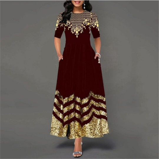 Damen Maxikleid mit kunstvollem Goldstickdesign und elegantem Zickzackmuster R&B