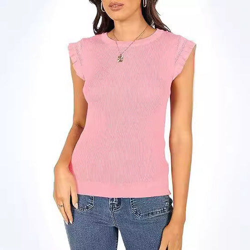 Damen figurbetontes Ripp-Shirt mit Rüschen R&B