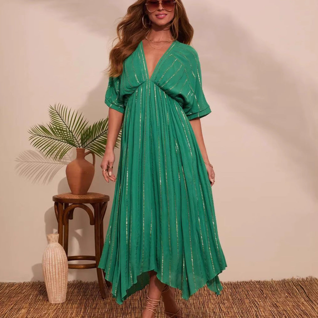 Damen Maxi-Kleid mit hochgeschlossenem V-Ausschnitt und fließendem Faltenwurf R&B