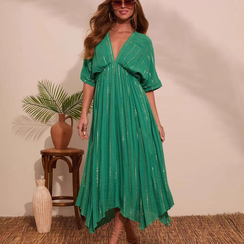 Damen Maxi-Kleid mit hochgeschlossenem V-Ausschnitt und fließendem Faltenwurf R&B