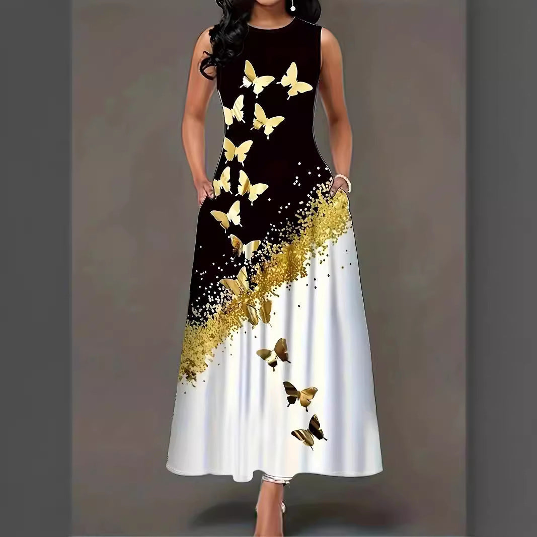 Damen Maxikleid mit elegantem Schmetterlingsdesign und praktischen Taschen R&B