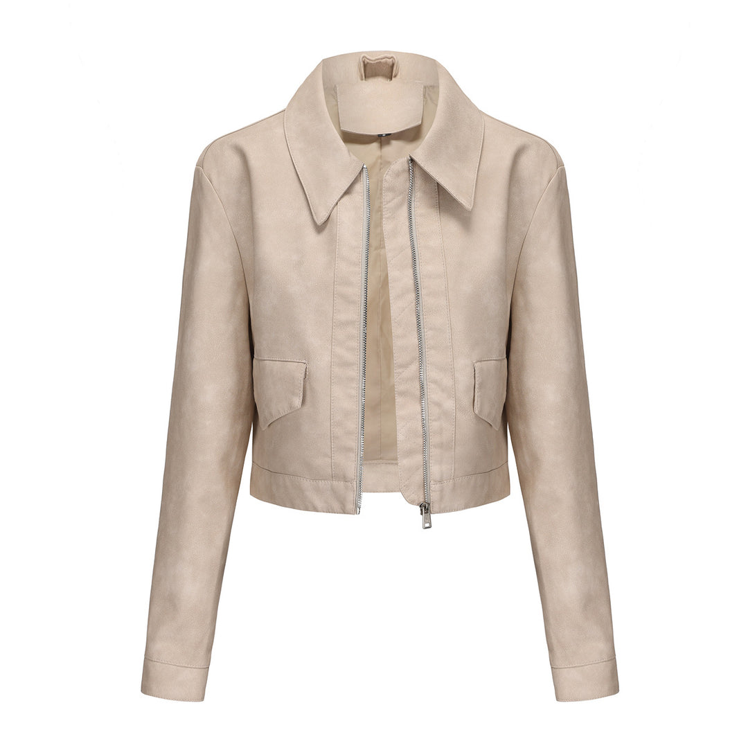 Damen modische cropped Kunstlederjacke mit klassischem Wellenkragen R&B