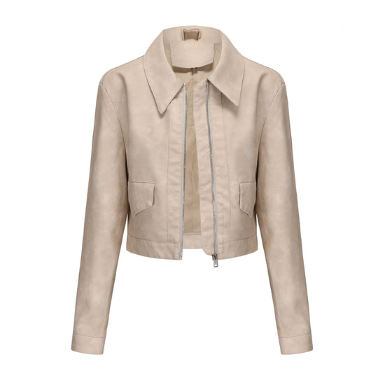 Damen modische cropped Kunstlederjacke mit klassischem Wellenkragen R&B