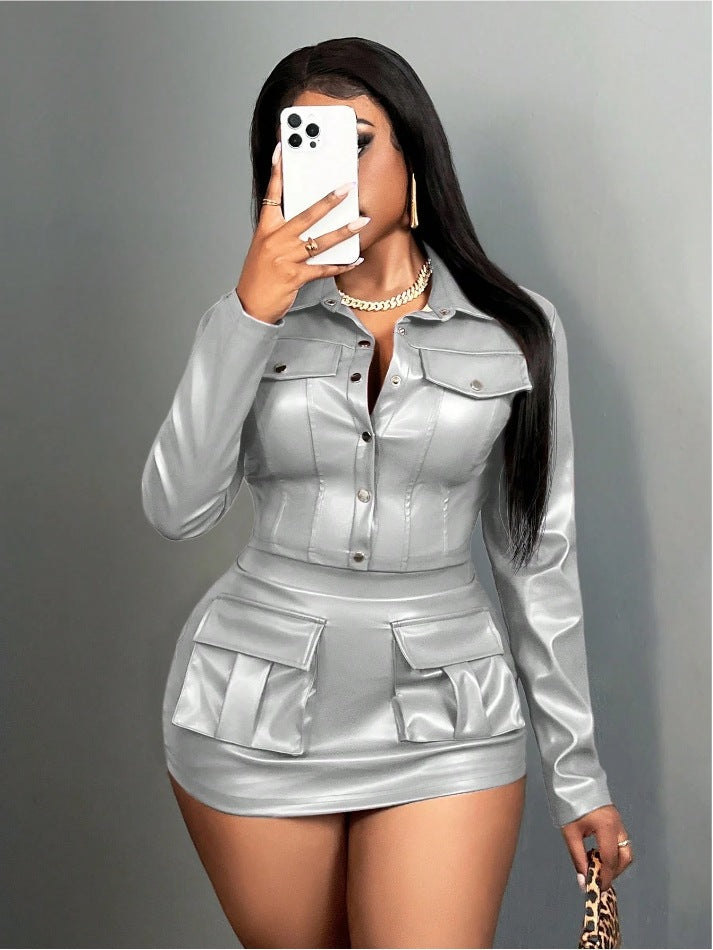 Damen Kunstleder Minikleid mit praktischen Klappentaschen R&B