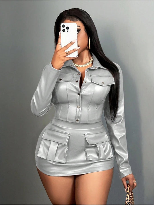 Damen Kunstleder Minikleid mit praktischen Klappentaschen R&B