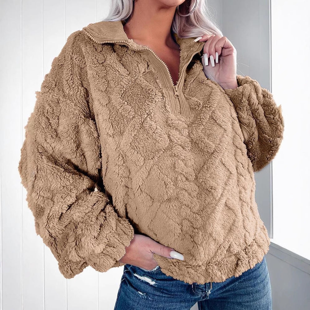 Damen Kuschelige Fleece-Pullover mit Reißverschluss und Wabenmuster R&B