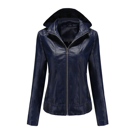 Damen stilvolle Kunstlederjacke mit hochabschließendem Kragen und elastischen Bündchen R&B