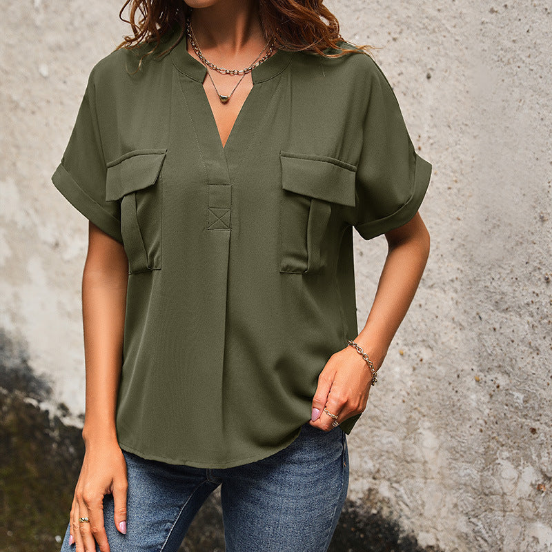 Damen lässige Bluse mit praktischen Taschen und modernem V-Ausschnitt R&B