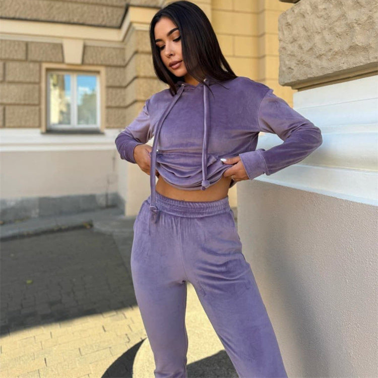 Damen lässiges Fleece-Jogginganzug-Set mit Kapuze und elastischem Bund R&B